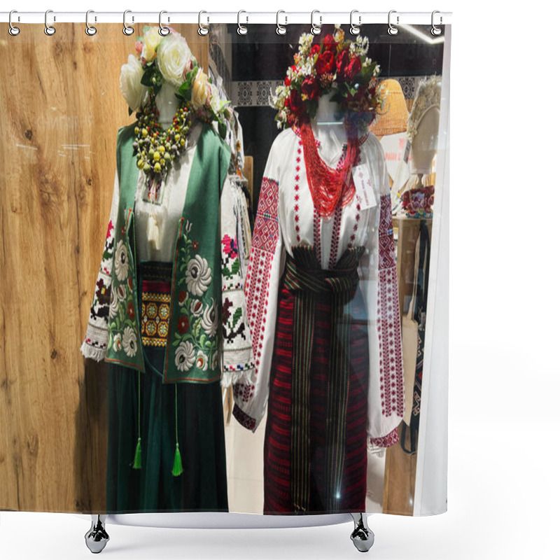 Personality  Kyiv, Ukraine - February 09, 2025: Traditional Ukrainian Vyshyvanka Outfits With Embroidery And Floral Patterns Displayed With Intricate Decorations Indoors.  Shower Curtains