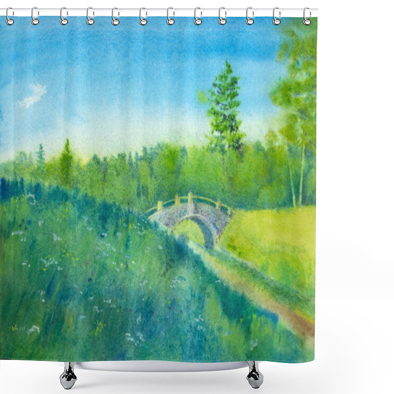 Personality  Bright Summer Meadow And A Bridge Over The River Shower Curtains