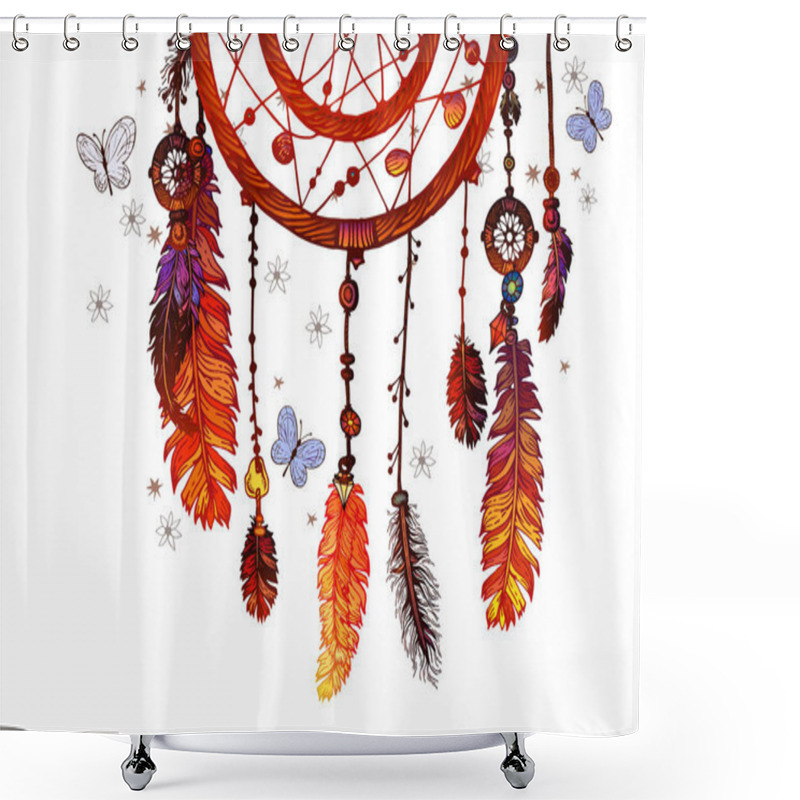 Personality  Background Of Textured Feathers And Crystals In Aztec Style. Border With Ornate Boho Vintage Style Summer T-shirt Design Shower Curtains