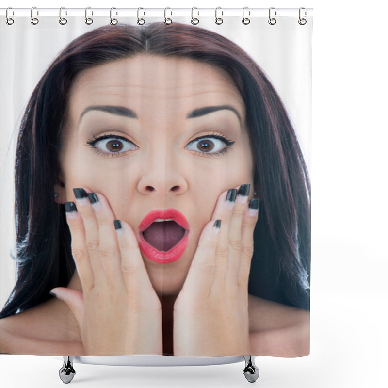 Personality  Close Up Portrait Of An Attractive Young Woman Looking Shocked O Shower Curtains