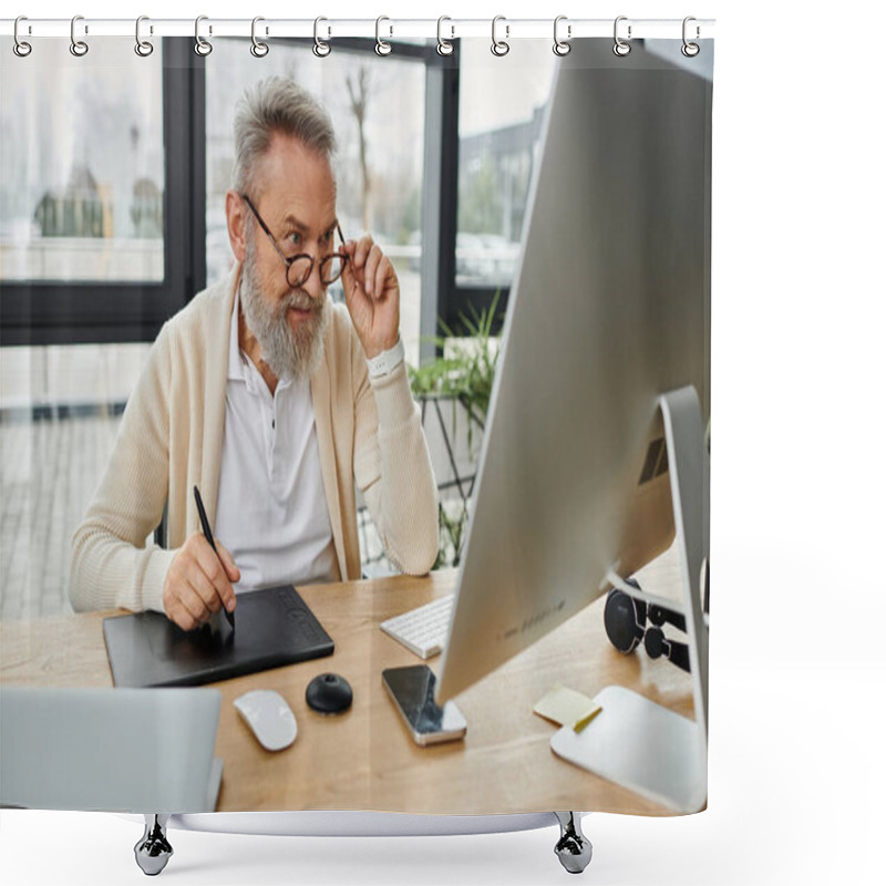 Personality  A Mature Handsome Man Is Focused On His Tasks At A Sleek Workspace With Natural Light. Shower Curtains