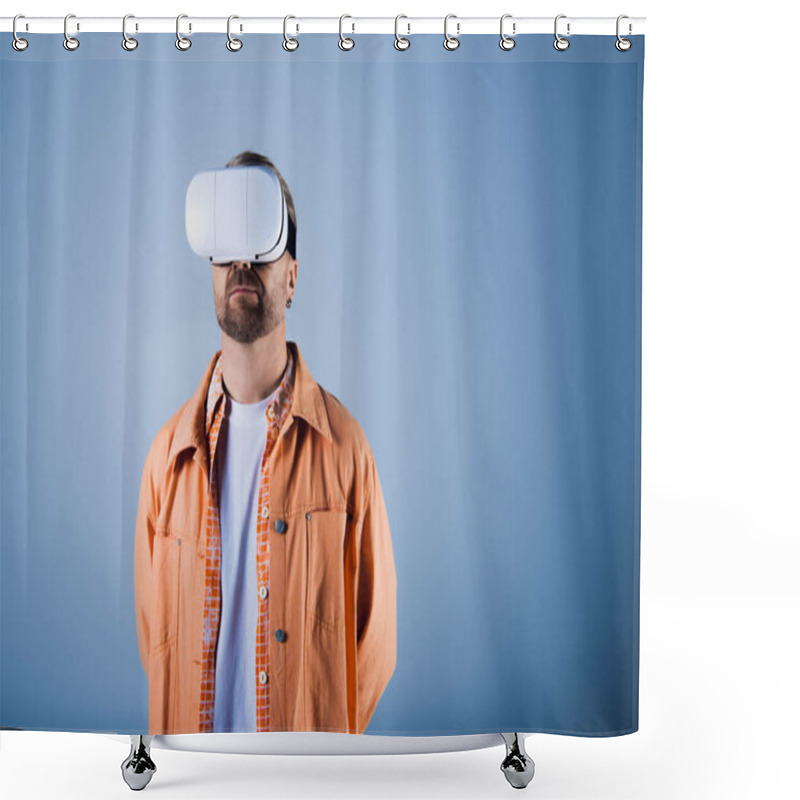 Personality  A Man In An Orange Shirt Explores The Metaverse In A White Virtual Reality Headset Within A Studio Setting. Shower Curtains