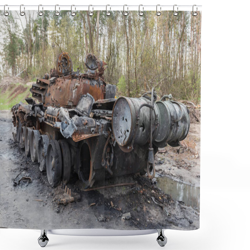 Personality  Russian Battle Tank Which Was Destroyed On The Roadside Of Highway During Hostilities In Russian Invasion Of Ukraine, 2022, Back View Shower Curtains