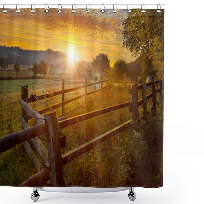 Personality  Sun Rising Above Haarstrang, Shining Into Foggy Moehnetal, Fence In Foreground, Location Shower Curtains