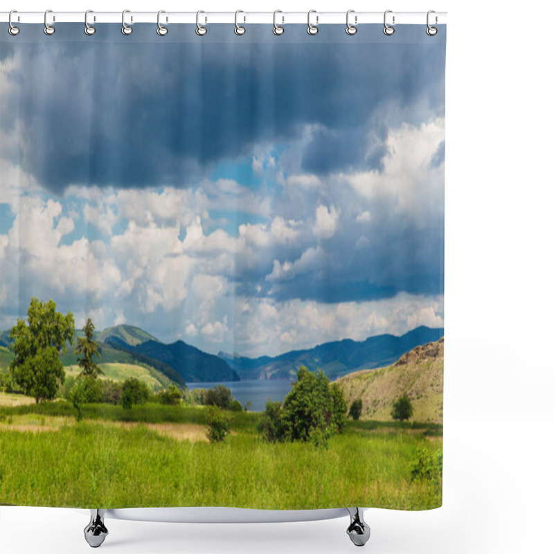 Personality  Blue Sky With White Clouds, Trees, Fields And Meadows With Green Grass, Against The Mountains. Composition Of Nature. Rural Summer Landscape. Shower Curtains