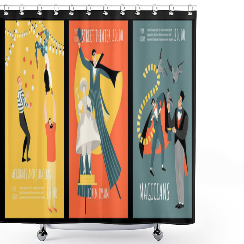 Personality  Set Of Vector Invitation Banners For Acrobats, Magicians And Street Theater Performances. Illustrations In Cartoon Style. Shower Curtains