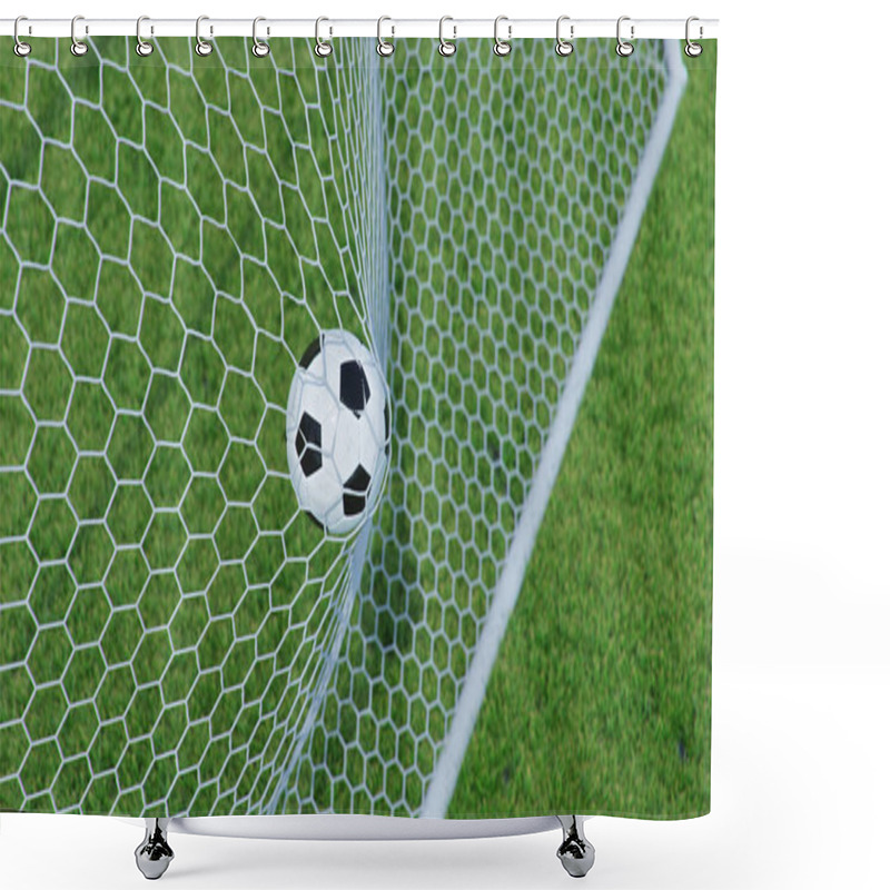 Personality  3D Illustration Soccer Ball Flew Into The Goal. Soccer Ball Bends The Net, Against The Background Of Grass. Soccer Ball In Goal Net On Grass Background. A Moment Of Delight Shower Curtains