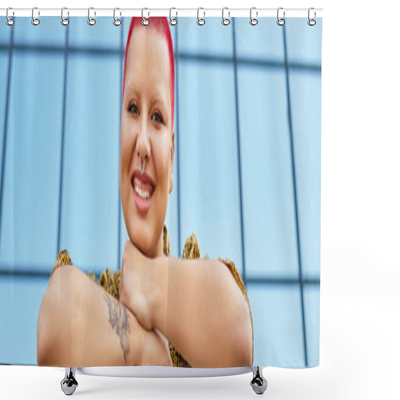 Personality  A Bald Woman With Bold Red Hair Stands Smiling, Showcasing Her Unique Style Outdoors. Shower Curtains