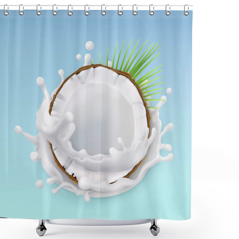 Personality  Coconut And Milk Splash. Fruit And Yogurt. Realistic Illustration. 3d Vector Icon Shower Curtains