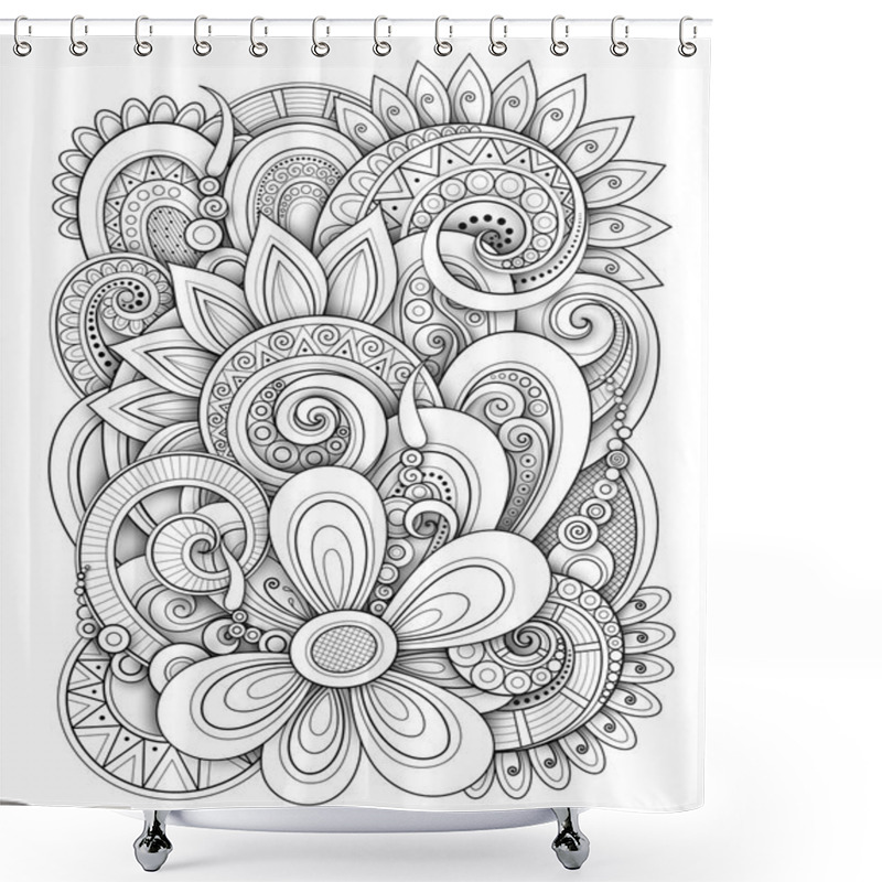 Personality  Monochrome Endless Texture With Flowers And Leaves In Doodle Line Style, Vector, Illustration Shower Curtains