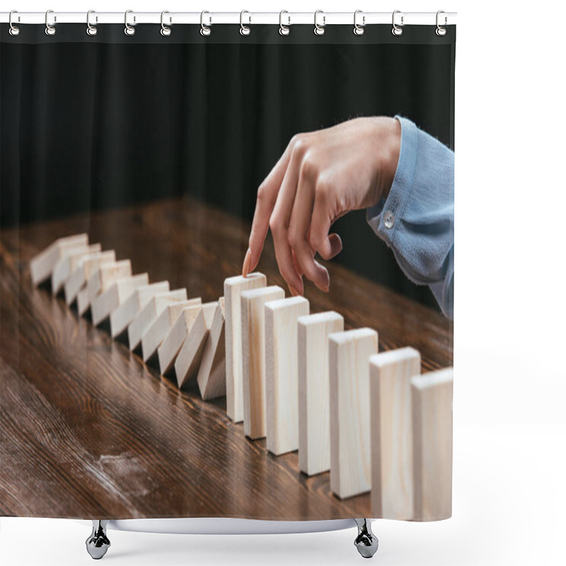 Personality  Cropped View Of Woman Preventing Wooden Blocks From Falling Isolated On Black Shower Curtains