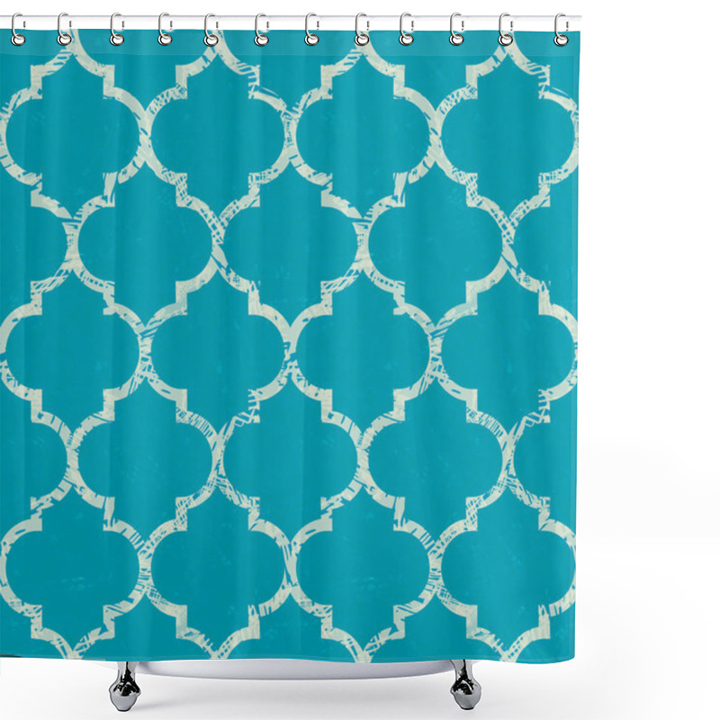 Personality  Beautiful Grunge Textured White Morrocan Trellis Design. Seamless Oriental Vector Pattern On Painterly Aqua Blue Background. Perfect For Wellbeing, Spa, Summer Products, Stationery, Packaging, Fabric Shower Curtains