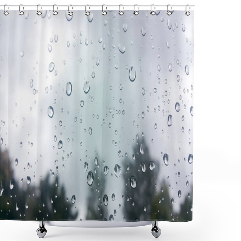 Personality  Raindrops At Window With Blurred Tree Background. The Rainy Season. Shower Curtains