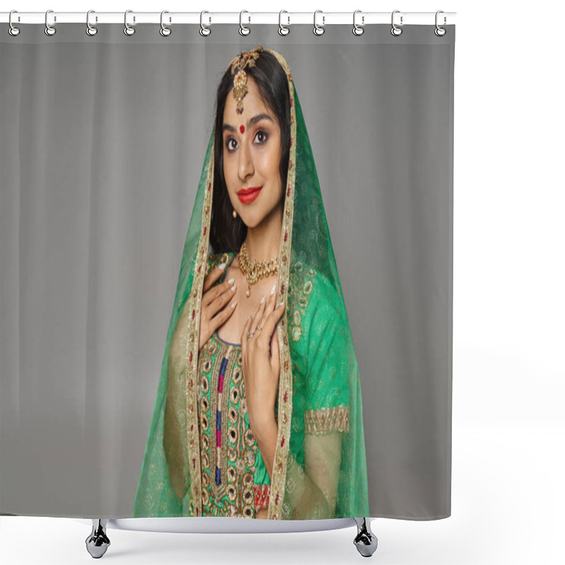 Personality  Beautiful Indian Woman With Bindi On Forehead In National Costume And Green Veil Looking At Camera Shower Curtains