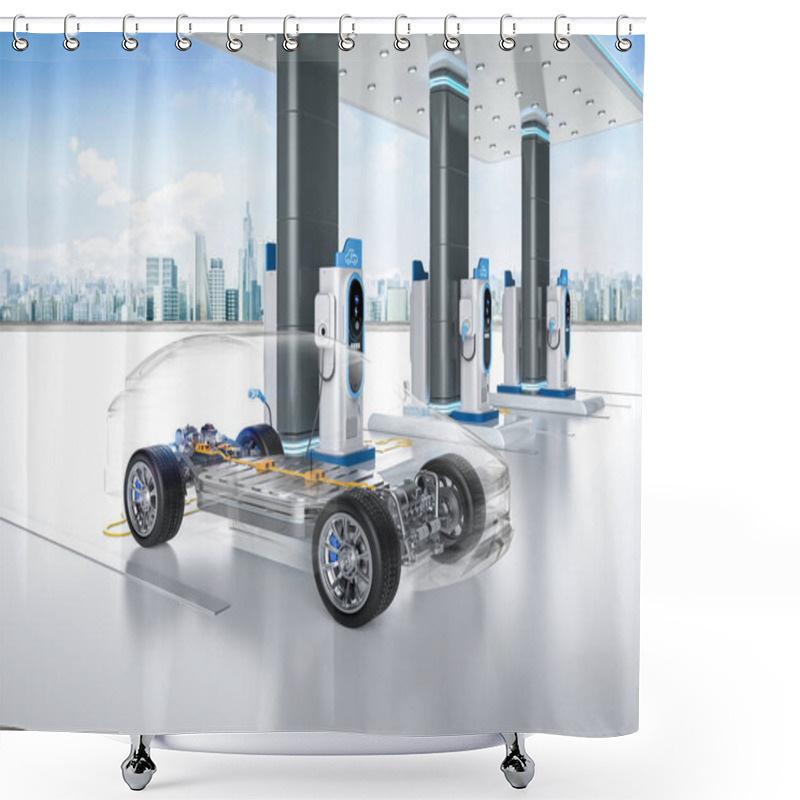 Personality  3d Rendering Ev Car Or Electric Vehicle Plug In At Recharging Station With Cityscape Background Shower Curtains