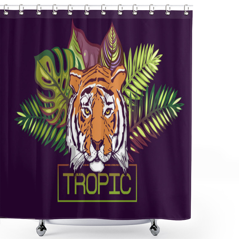 Personality  Tropic Text. Card With A Tropical Design. The Head Of A Tiger On A Background Of Leaves Of Tropical Trees:Monstera,Palm,Hibiscus. Portrait Of A Wild Tiger Predator.Template For Poster, Banner Prints. Shower Curtains