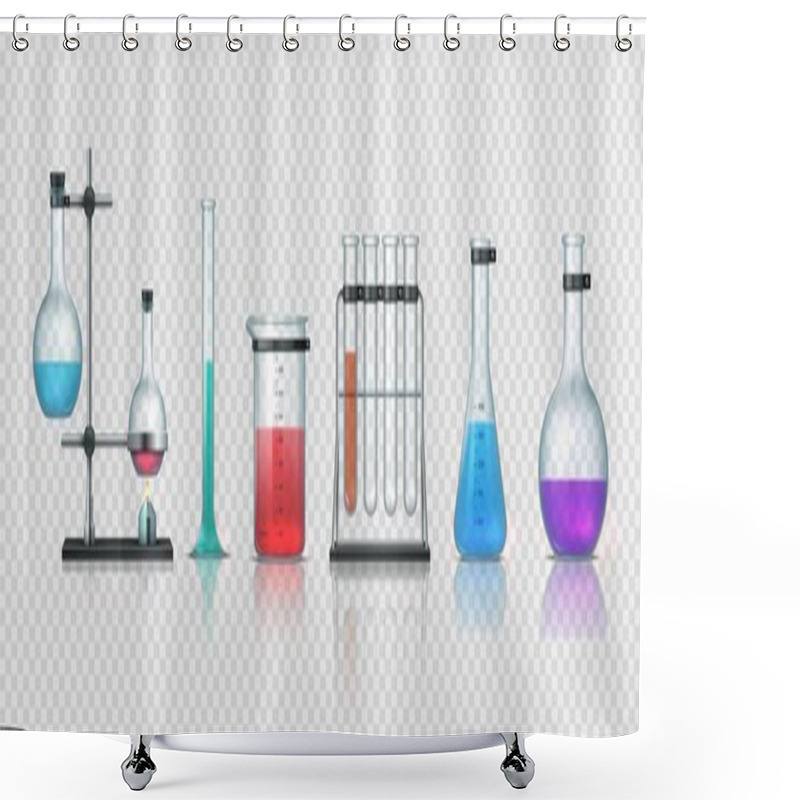 Personality  Laboratory Equipment. 3D Realistic Chemistry Lab Measuring Glassware. Metal Holders And Bottles. Test Tubes And Flasks With Colorful Liquid On Transparent Background, Vector Science Set Shower Curtains