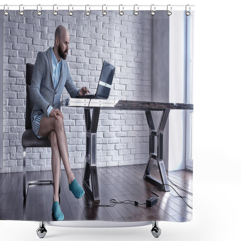 Personality  Quarantined Work Concept, A Man Works At Home On A Computer In His Underpants, Funny Work Coronavirus Pandemic Meme Shower Curtains