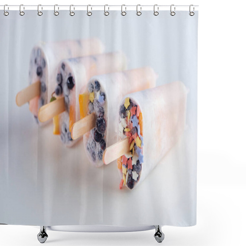 Personality  Close-up View Of Fresh Frozen Homemade Popsicles With Fruits And Berries On Grey Shower Curtains