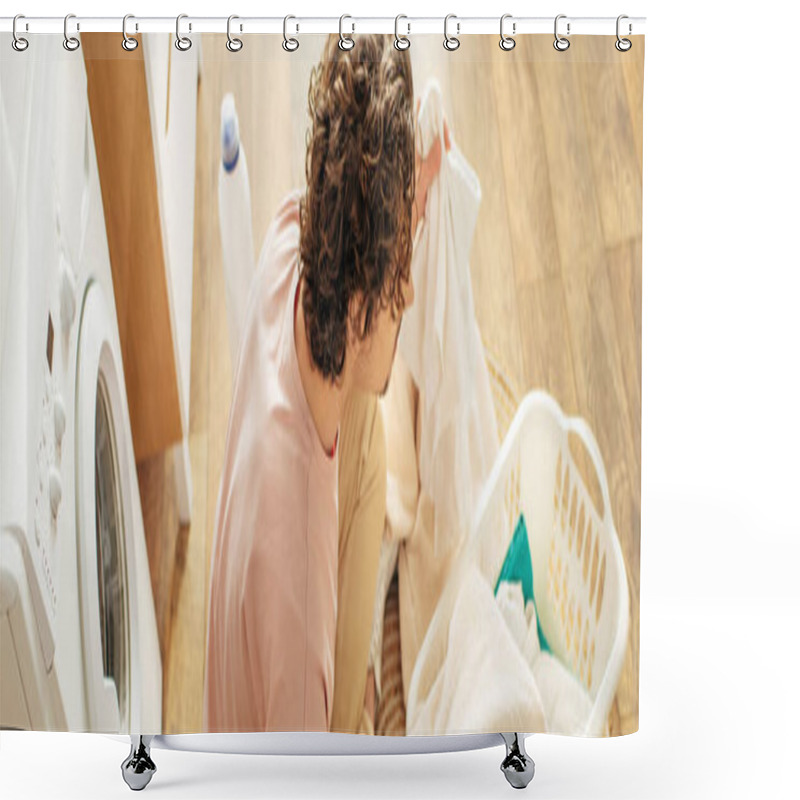 Personality  A Man Gazes Down At Clothes In A Laundry Basket, Contemplating Her Next Task. Shower Curtains