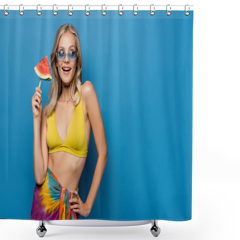 Personality  Happy Young Woman In Yellow Bikini Top Holding Popsicle Stick With Watermelon On Blue Shower Curtains