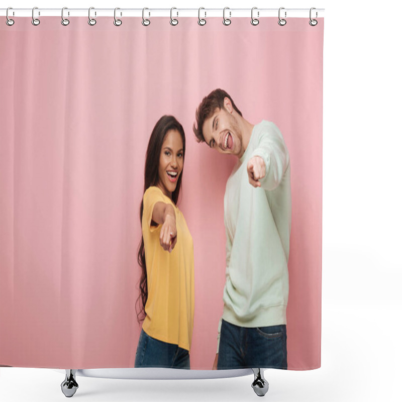 Personality  Excited Interracial Couple Pointing With Fingers At Camera On Pink Background Shower Curtains