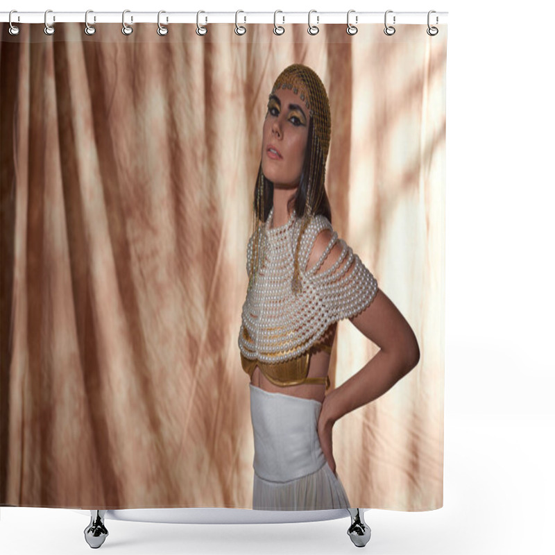 Personality  Stylish Model In Egyptian Attire And Bold Makeup Looking At Camera On Abstract Background Shower Curtains