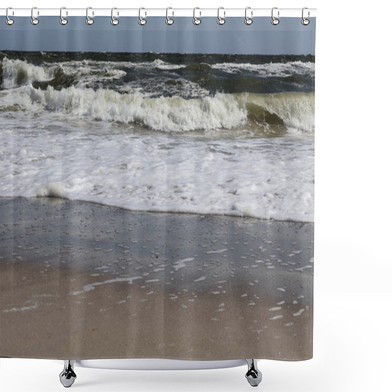 Personality  Calm Shoreline Captured With Foamy Ocean Waves Gently Reaching The Sandy Beach Under A Clear Blue Sky, Illustrating The Serene Connection Between Land And Sea. Shower Curtains