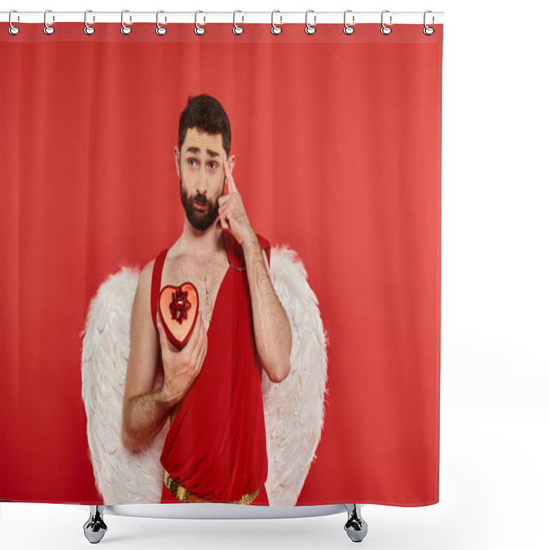 Personality  Thoughtful Bearded Man In Cupid Costume With Heart-shaped Gift Box Pointing At His Head On Red Shower Curtains