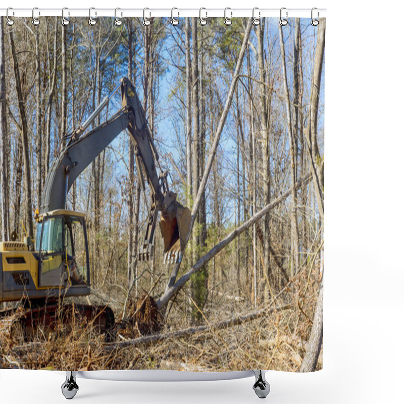 Personality  Worker Removing Trees From Forests, Preparing Ground For Building House, Using An Excavator Shower Curtains