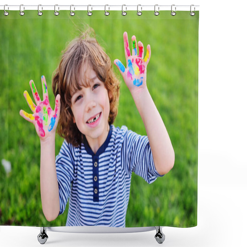 Personality  Boy With Curly Hair Without Front Milk Tooth Shows Hands Dirty With Multi-colored Finger Paints And Smiles. Shower Curtains