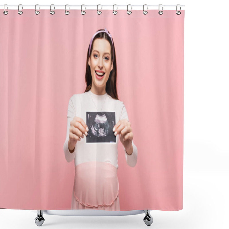 Personality  Happy Young Pretty Pregnant Woman Holding Ultrasound Scan Isolated On Pink Shower Curtains