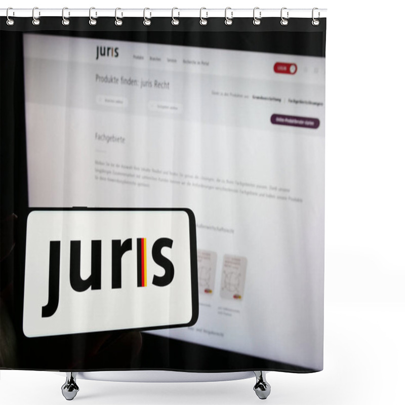 Personality  Stuttgart, Germany - 07-15-2023: Person Holding Mobile Phone With Logo Of German Legal Information Prodiver Juris GmbH On Screen In Front Of Web Page. Focus On Phone Display. Shower Curtains