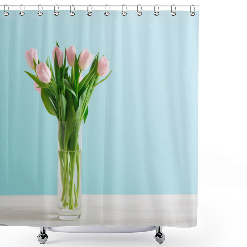 Personality  Pink Tulips Bouquet On Blue Background Shower Curtains