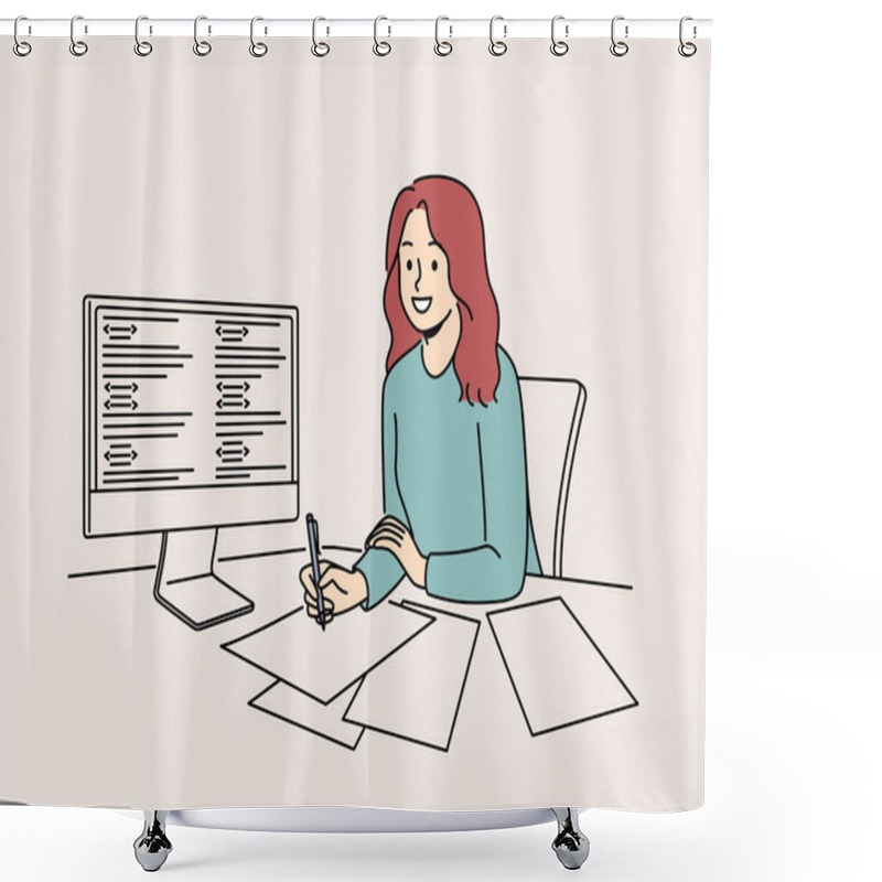 Personality  Smiling Girl Sit At Desk Working On Computer Taking Notes. Happy Woman Employee Study On PC Handwrite Data On Paper. Digital Learning And IT Class. Vector Illustration.  Shower Curtains