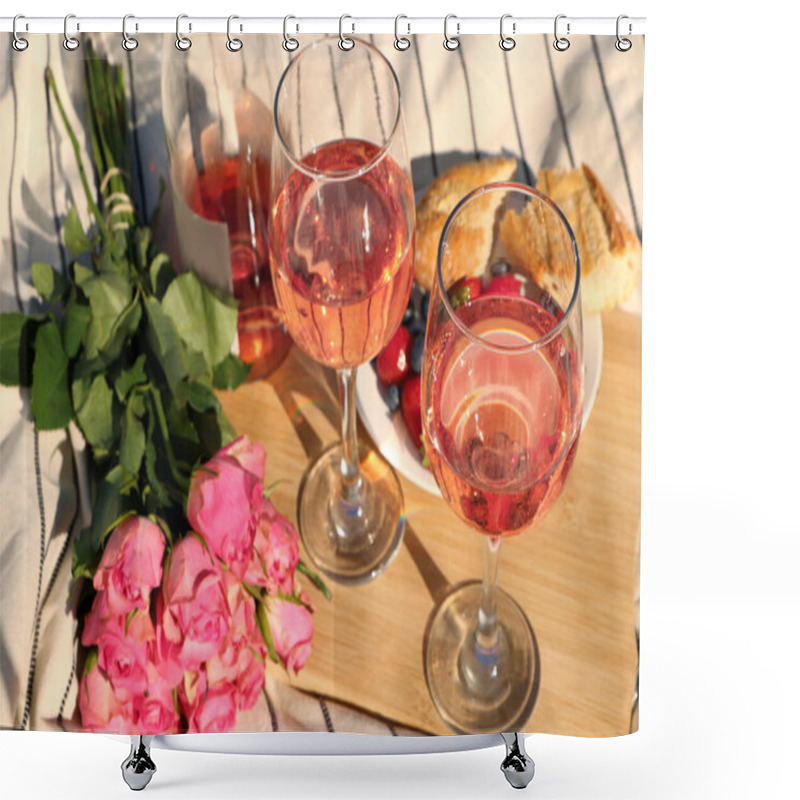 Personality  Glasses Of Delicious Rose Wine, Flowers And Food On White Picnic Blanket Shower Curtains