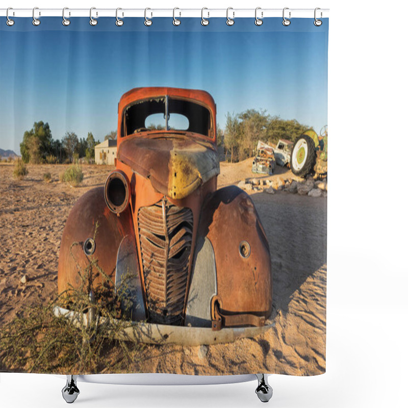 Personality  Old And Abandoned Car In The Desert Of Namibia. Solitaire. With The Beautiful Light Of The Sunrise. Shower Curtains