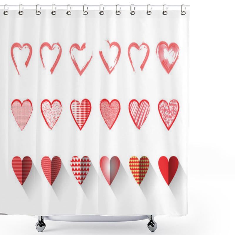 Personality  Vector Illustration Icon Set Of Red Hearts Shape For Valentine's Day.Mix Techniques Design, Drawn By Hand, Paint In Watercolor, Seamless Patterns And Flat Icon Long Shadow.Isolated On White Background Shower Curtains