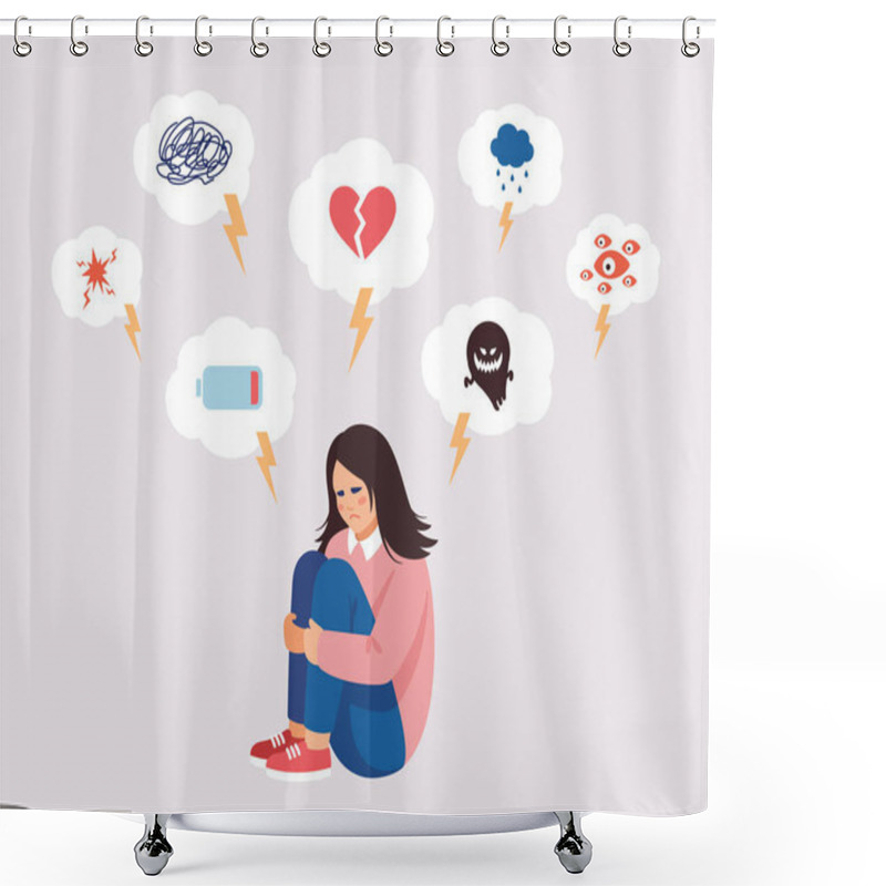 Personality  Vector Illustration About Mental Problems In Flat Style. Girl Is Surrounded By Symptoms Of Depressive Disorder. Shower Curtains