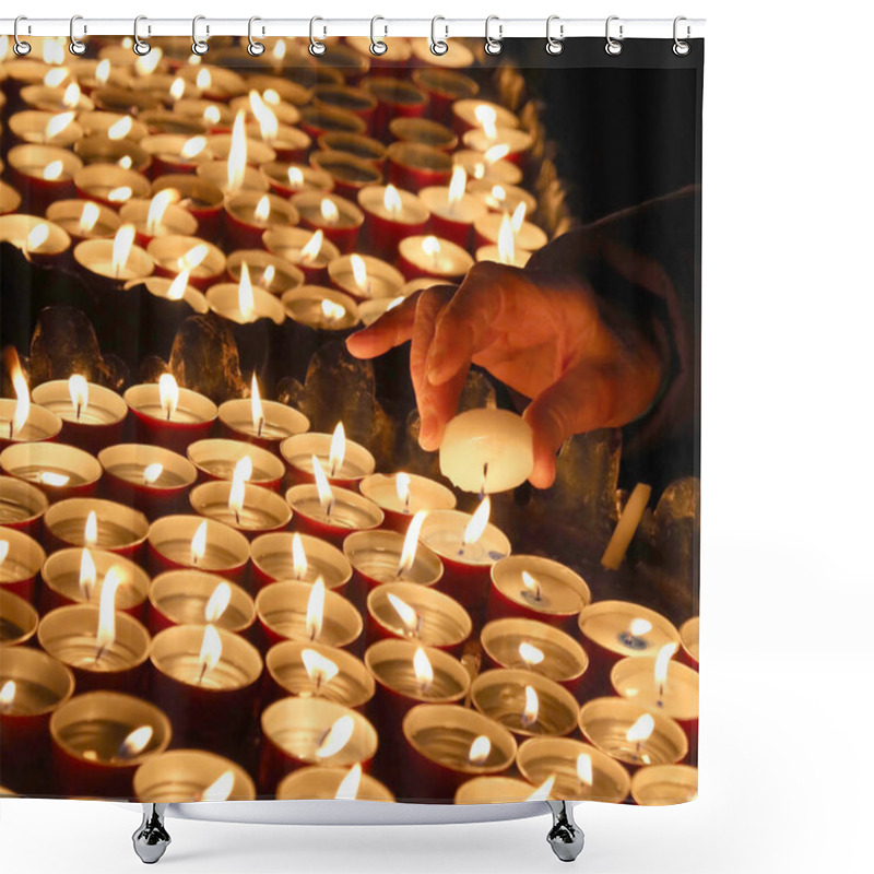 Personality  Person Lights A Candle During The Religious Ceremony Shower Curtains