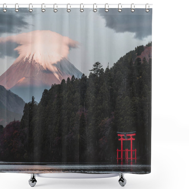 Personality  Mountain Fuji And Lake Ashi With Hakone Temple And Sightseeing Boat In Autumn Shower Curtains