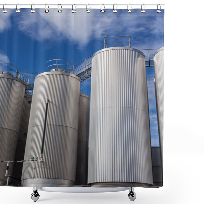 Personality  Giant Industrial Tanks On The Bright Blue Sky Shower Curtains