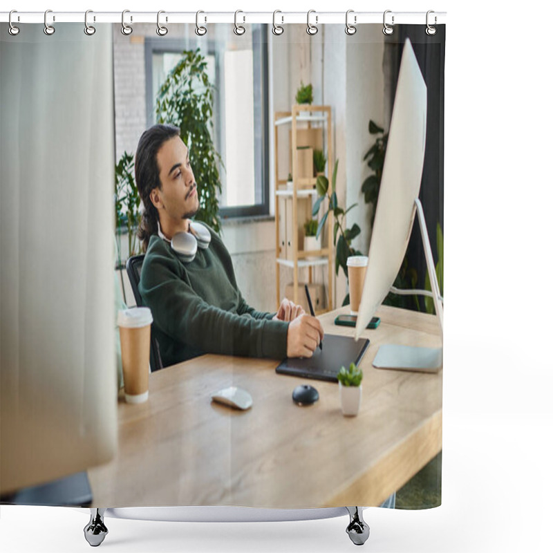 Personality  Young Professional Doing Post-production Work, Focused On Retouching On A Tablet Near Monitor Shower Curtains