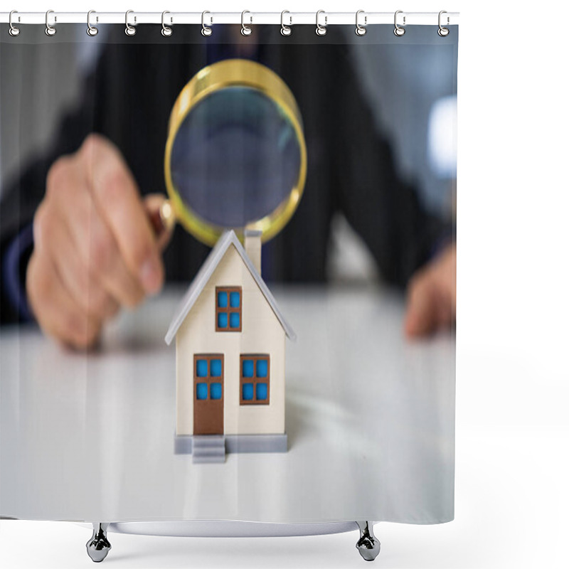 Personality  Close-up Of A House Model Seen Through Magnifying Glass On Table Shower Curtains