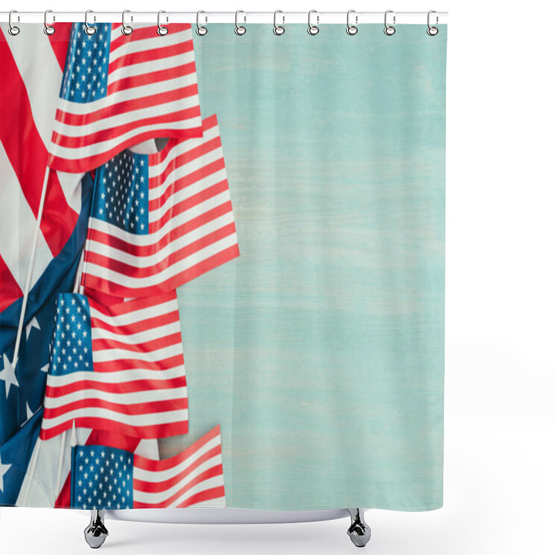 Personality  Top View Of Arranged American Flags On Blue Wooden Tabletop, Presidents Day Concept Shower Curtains