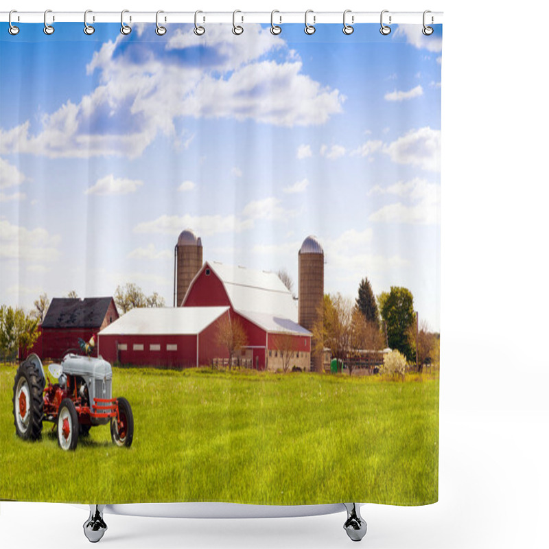 Personality  Traditional American Red Farm With Tractor Shower Curtains