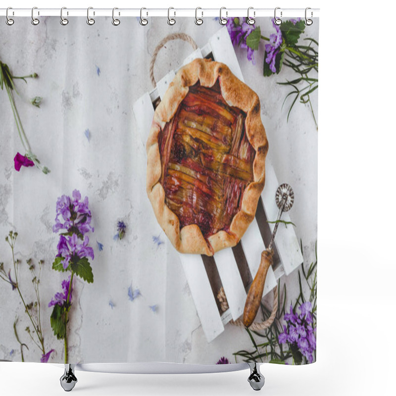 Personality  Top View Of Delicious Rhubarb Pie And Scattered Flowers On Table Shower Curtains