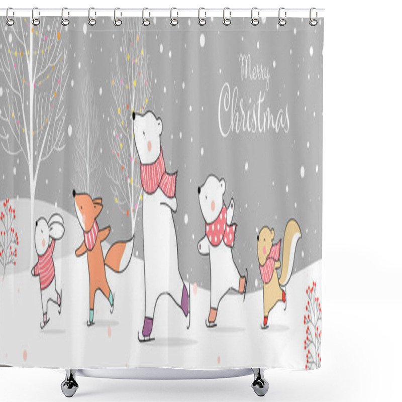 Personality  Merry Christmas Card Template With Animals On Ice Skates Shower Curtains