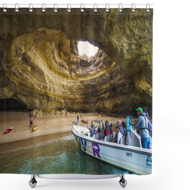 Personality  LAGOS, PORTUGAL - July 2019: People With Sup Boards And Kayaks Visiting Binagil Grotto, Algarve, Portugal Shower Curtains