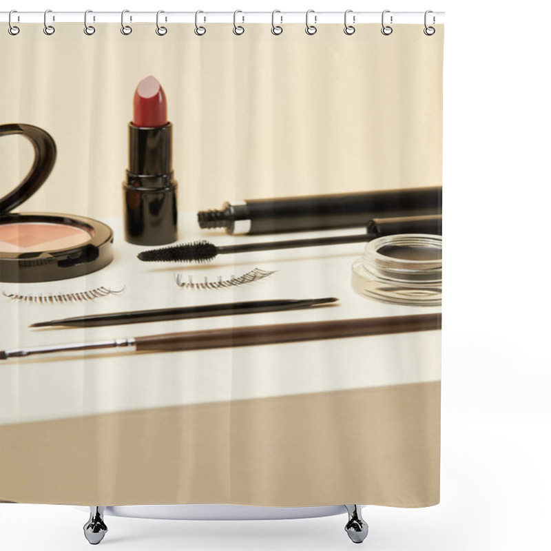 Personality  Close-up Shot Of Various Makeup Accessories On Beige Shower Curtains